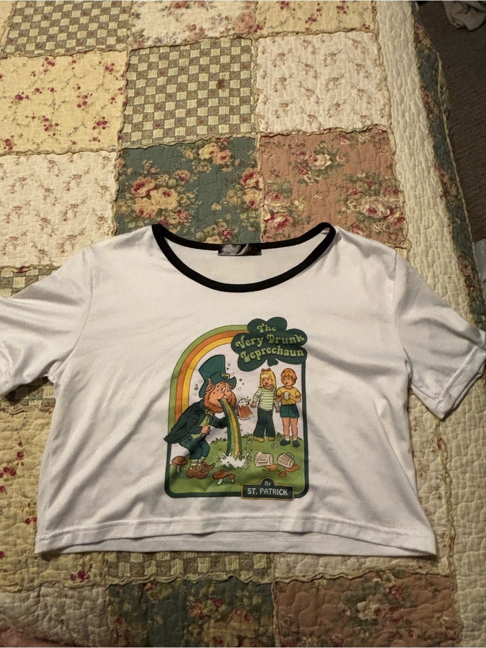 White Graphic Cropped Short Sleeve Tee with Black Trim - St. Patrick